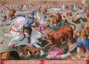 Bir Muhafazada Toplu Boğa Güreşi, Jan Collaert (1566-1628) tarafından oyulmuş 'Venationes Ferarum, Avium, Piscium'dan (Avlanma: Yabani Canavarlar, Kuşlar, Balık) levha 18, Amsterdam'dan Phillipus Gallaeus (el renkli gravür)