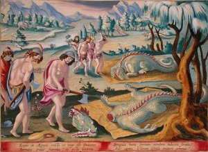 Kafası Kesen Timsahlar, Jan Collaert (1566-1628) tarafından oyulmuş 'Venationes Ferarum, Avium, Piscium'dan (Avlanma: Yabani Canavarlar, Kuşlar, Balık) levha 46, Amsterdam'dan Phillipus Gallaeus (el renkli gravür)