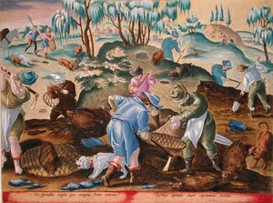 Kazıp Kirpileri Yakalamak, plaka 54 'Venationes Ferarum, Avium, Piscium' (Avlanma: Yabani Canavarlar, Kuşlar, Balık) tarafından oyulmuş Jan Collaert (1566-1628) Amsterdam'dan Phillipus Gallaeus tarafından yayınlanmıştır (el renkli gravür)