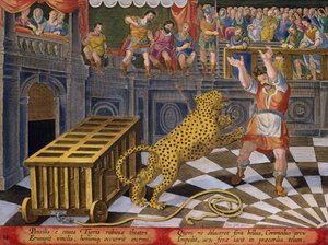 Roma İmparatoru Commodus Arenadaki Kafesinden Kaçan Bir Leoparı Boyun Eğmek İçin Ok Atıyor, Jan Collaert (1566- 1628) Phillipu tarafından yayınlandı