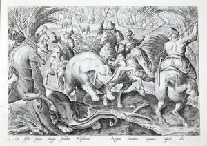 Jan Collaert (1566-1628) tarafından oyulmuş 'Venationes, Ferarum, Avium, Piscium'dan (Avlanma: Yabani Canavarlar, Kuşlar, Balık) bir örnek, filler, avcıların mızraklarıyla vurulduklarında büyük bir gürültü çıkarırlar. Philipus Gallaeus, Amsterdam ( by Jan van der (1523 1605) Straet