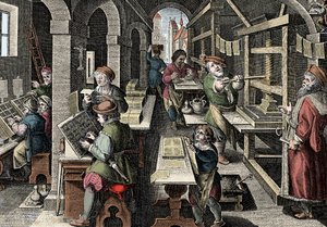 Matbaa ofisi, c1600 - Hollanda, Baskı: solda karakterler karakterleri kullanıyor, bir ana yazıcı tarafından denetlenen baskının hazırlanmasının farklı aşamaları - Giovanni Stradano