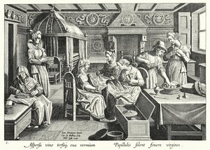 İpekböceği yumurtalarının işlenmesi (gravür) by Jan van der Straet