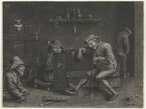 İdrar yapan bir adam, kusan adam, bir cüce ve bir dilenci ile iç mekan