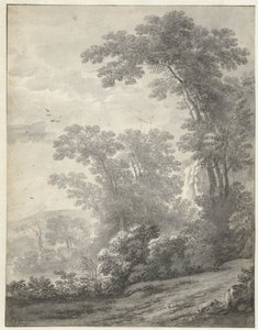 Bir Nehrin Yanında Ağaçlar ile Dağ Manzarası by Jan van der Meer (II)