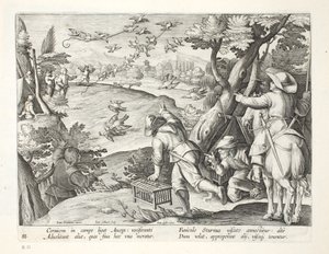 Kargaları yakalayan kuş avcıları, 'Venationes, Ferarum, Avium, Piscium'dan (Avlanma: Yabani Canavarlar, Kuşlar, Balık) çizim, Jan Collaert (1566-1628), pub. Philipus Gallaeus, Amsterdam (İng by Jan van der Straet