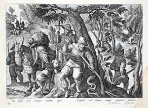Avcılar, dağ domuzunu avlamak için kurşun yüklü mızraklar veya silahlar kullanırlar, Jan Collaert (1566-1628) tarafından oyulmuş 