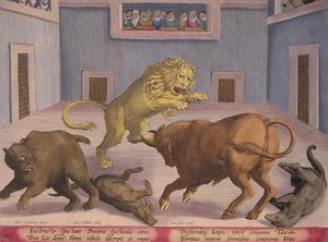 Noblemen Watch War of Wild Beasts of a Indoor Circus, Jan Collaert (1566-1628) tarafından Ph.D. by Jan van der Straet