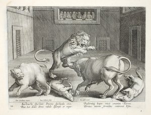 Soylular, kapalı bir sirkte vahşi hayvanların dövüşünü izliyorlar, Jan Collaert (1566-1628) tarafından oyulmuş 