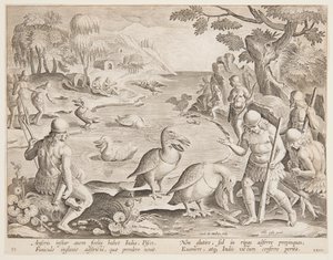 Pelikan Yardımıyla Balık Yakalayan Kızılderililer, Wildcats, Birds ve Fish serisinde 23 numaralı plaka by Jan van der Straet, called Stradanus