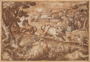 Kartallarla Boğa Avlayan Erkekler by Jan van der Straet, called Stradanus