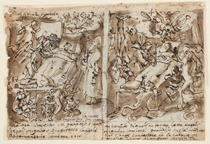 Bir eskiz defteri sayfası; Dindarlara yardım eden göksel güçler; Aziz portresi için eskiz; Alınlığın dekorasyonu by Jan van der Straet, called Stradanus