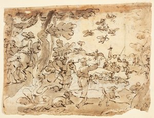 Recto: Şahinlerle Kuş Avı; Verso: Hayvanlar, oğlak ve yeşilliklerle süslenmiş Lunette by Jan van der Straet, called Stradanus