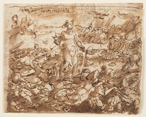 Recto: Filistinleri yenen Samson, bir eşeğin çene kemiğinden su içer, "Spiritus Fortitudines" (Güç Ruhu) için ön tasarım, "Kutsal Ruh'un Yedi Armağanı" baskı serisinde 4. plaka. Verso: belirsiz yazıt by Jan van der Straet, called Stradanus