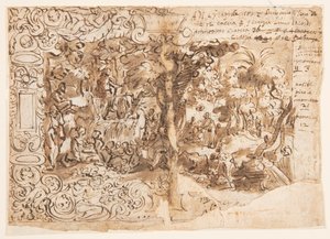 Recto: Vaftizci Yahya (ya da seyirciler arasında İsa) ile goblen tasarımı; Verso: yazıt by Jan van der Straet, called Stradanus
