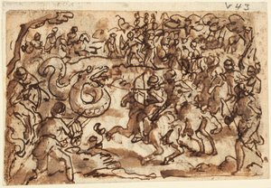 Recto: Pliny'nin Doğa Tarihi'nden, Dev Bir Afrika Yılanı ile Savaşan Roma Konsolosu Attilius Regulus, Kitap 8, ch. 14; Verso: Ptyolomy, Diodorus Siculus'tan Dev Bir Yılanı Ağla Yakalıyor, Bibliotheca Historica III, 37
