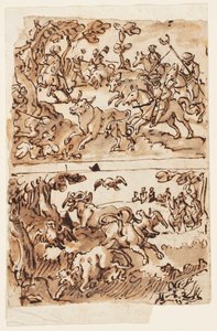 Boğa Avları ile Eskiz Defteri Sayfası by Jan van der Straet, called Stradanus
