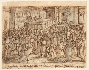 Ev Sahibi ve Papalık Kütlesi ile Alayı içeren Eskiz Defteri Sayfası by Jan van der Straet, called Stradanus