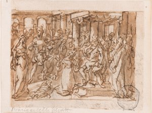 Süleyman'ın Yargısı, "Spiritus Sapientiae" (Bilgelik Ruhu) için ön tasarım, "Kutsal Ruh'un Yedi Hediyesi" baskı serisinde 1. plaka by Jan van der Straet, called Stradanus