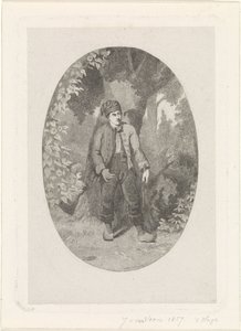 Adam bir ormanda bir ağacın yanında by Jan van der Veen (prentmaker)