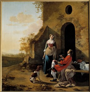 Bir hanın girişinde yiğitçe konuşma Tablo Jan Van der Meer (1630-1692) by Jan van der the Elder Meer