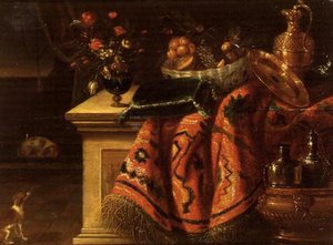 Bir vazoda çiçek, kasede meyve, gümüş yaldızlı ibrik, tabak ve yastıktan oluşan bir natürmort by Jan van the Elder (follower of) Kessel