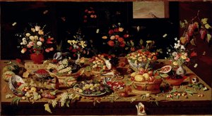 Meyve ve çiçeklerle dolu natürmort İncir, erik, nar, üzüm, şeftalili tabaklarla dolu bir masa. Bakır Resim, Jan Van Kessel (1626-1679) Galleria Doria Pamphilj, Roma - Çiçeklerin, Meyvelerin ve Hayvanların Natürmort, Jan Van Kessel (1626-79).