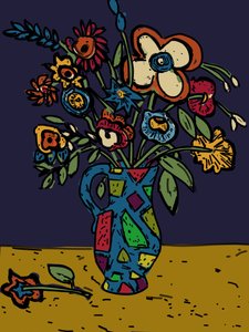 Yüksek sesli Sürahide Çiçekler, 2012 (orijinal lino kesiminden photoshop'ta yeniden renklendirildi) by Jane Willingale