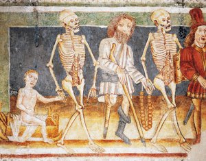 Hrastovlje müstahkem kilise, Trinity Kilisesi, Çocuklara ve yoksullara eşlik eden ölüm, Ölüm Dansı (1490), Janez Iz Kastva (1490), Slovenya tarafından fresklerden detay