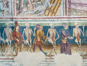 Müstahkem Hrastovlje kilisesi, Trinity Kilisesi, Tüccar ve zengin bankacıya eşlik eden Ölüm, Ölüm Dansı (1490), Janez Iz Kastva, Slovenya
