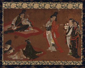 Piknik Partisi, Asma kaydırma (panel üzerine monte edilmiş), 17. yüzyılın başları (kağıt üzerinde renkli ve altın rengi) by Japanese School
