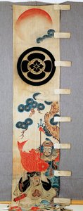 Afiş (nobori), Yedi Tanrı Tanrısı motiflerinin detayı, aile armaları, daire içinde çiçek, pamuk, Pirinç nişastası ile yedekte boyanmış, pigmentler, mürekkep, kimyasallar, mürekkep, Japon uygarlığı, Meiji-Taisho dönemi, 20. yüzyıl by Japanese School