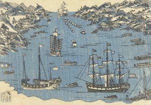 Nagazaki limanındaki yabancı gemilerin Bunkindo baskısı, 1800-50 by Japanese School