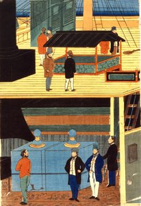 Güvertede, üstte ve alt güvertede Avrupa giysili erkekleri ve alt güvertede erkekleri gösteren bir Avrupa gemisinin enine kesiti: Yokahama, Japonya by Japanese School