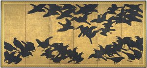 Kargalar, 17. yüzyılın başları (Altı panelli ekran çifti; üzerlerinde mürekkep ve altın kağıt) by Japanese School