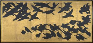 Kargalar, 17. yüzyılın başları (Altı panelli ekran çifti; üzerlerinde mürekkep ve altın kağıt) by Japanese School
