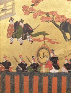 Kazaritachi ve askerler giyen iki saraylıyı gösteren dört yapraklı bir ekrandan detay, Tosa Okulu, Edo Dönemi (kağıt üzerinde renkler, mürekkep, gofun ve altın) by Japanese School