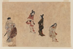 Erken Ukiyo-e boyama (kağıt üzerinde mürekkep, renk ve altın) by Japanese School