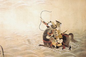 Genpei (Gen Pei) Savaşı Bölümü (1180-1185): Bir yayla silahlanmış ve bir ata binmiş bir samuray, bir gue