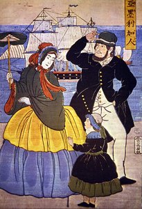 1861 yılında bir Japon sanatçı tarafından boyanmış Yokohama liman cephesindeki Avrupalı aile by Japanese School
