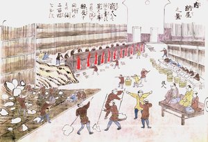 19. yüzyılın sonlarında balina ürünlerinin hazırlanması için fabrika (renkli gravür) by Japanese School