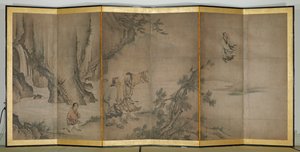 Uçan Liezi, 16. yüzyıl başı (Altı panelli perde; kağıt üzerine mürekkep ve renk) by Japanese School