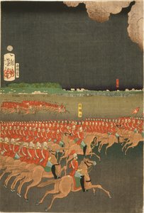 Fransız ve İngiliz birlikleri, Japonya'nın Yokohama kentinde askeri eğitim manevraları yapıyor. İngiliz süvari tatbikatı. Taiso Yoshitoshi (1839-1892) Japon Ukiyo-e sanatçısı tarafından yapılan triptik parçası. Atış by Japanese School