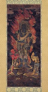 Fudo Myoo ve İki Görevli (ipek üzerine mürekkep ve renkli) by Japanese School
