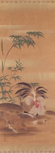 Horoz, Tavuk ve Civcivlerin Japon Kakemonosu (kağıt üzerine mürekkep ve yaldız) by Japanese School
