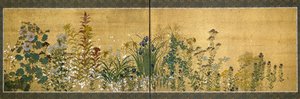 Japon sanatı: çiçeklerle süslenmiş ekran panelleri. Rimpa ekolünün üslubu (1596-1615). İpek üzerine boyama. karartmak 65x189 cm Özel koleksiyon by Japanese School