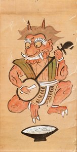 Shamisen oynayan bir şeytanı tasvir eden Kakemono (kağıt kaydırma üzerinde mürekkep ve renk) by Japanese School
