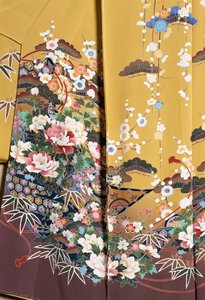 Kimono Furisode (kolları kabaran), evli olmayan genç kadınların zarif davetlerde giydiği ve Maiko (çırak Geyşa), Pürüzsüz ipek, bitkisel motifler, dalgalanan kurdeleler, Kaga-Yuzen boyama, Tokamachi dokuma fabrikaları, Japon uygarlığı, 20. yüzyıl by Japanese School