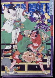 Aşıklar intihar etmeye karar verir, Kabuki tiyatro sahnesi by Japanese School
