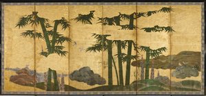 Mehtaplı Bambu Korusu, 16. yüzyılın başları (Altı panelli ekran çifti; mürekkep, renk ve altın kağıtta) by Japanese School